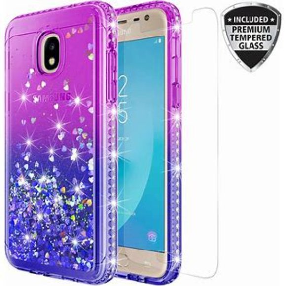 2pc Samsung Galaxy J7 2018/J7 Star/J7 Top Quicksand Glitter Case W/ Glass Screen - Picture 11 of 11